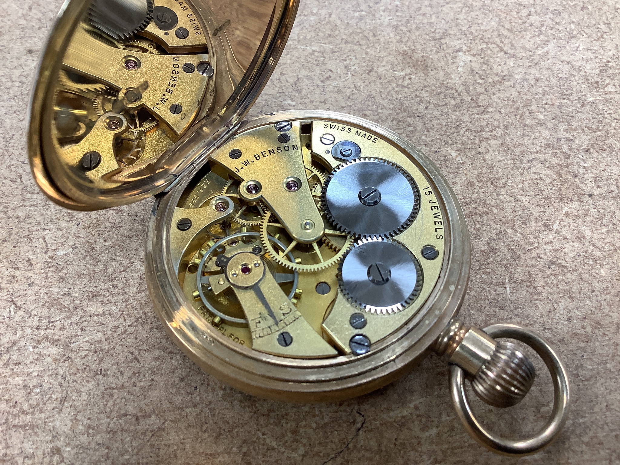 Seven assorted pocket watches including a 9ct gold open face J.W. Benson pocket watch, gross weight 83.3 grams, a silver open face pocket watch by H. Samuel, Manchester and five other gold plated or base metal pocket wat